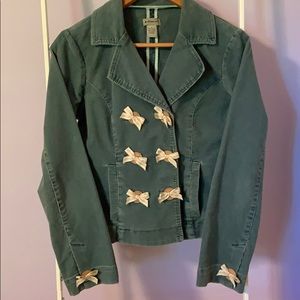 Anthropologie Green Jacket with Cream Bow Accents